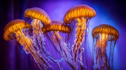 Glowing jellyfish, illuminated against a vibrant blue and purple backdrop, swimming peacefully