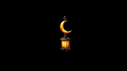 Glowing lantern hanging beneath a crescent moon against a stark black backdrop