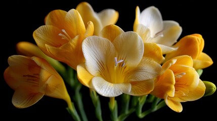 Bright yellow flowers bloom in a tight cluster against a dark background in a close-up view taken indoors