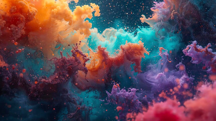 Vibrant colorful ink clouds swirling in dark water with small particles abstract