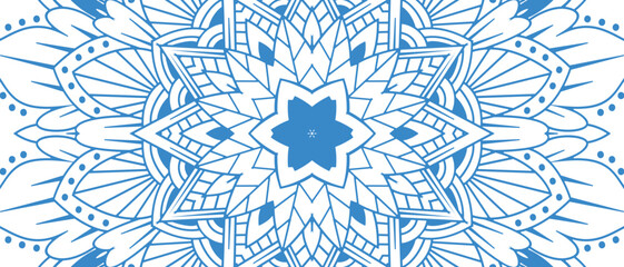 snowflake inspired blue mandala on a white texture, with icy radial symmetry. Theme Frozen, winter, clean atmosphere.for Holiday backgrounds, winter event posters, seasonal cards.