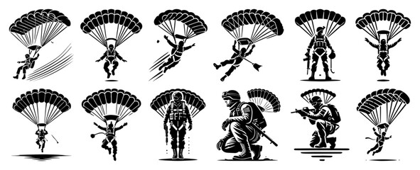 Naklejka premium Paratrooper and Parachute Silhouette Set
