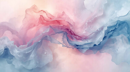 Soft abstract blend of pink and blue watercolor ink with water droplets fluid paint