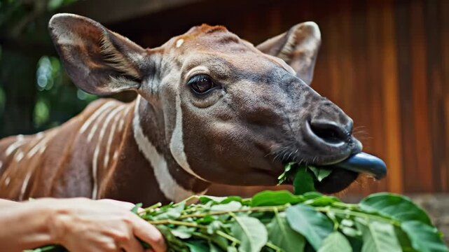 Okapi eating fresh green leaves fed by human hand wildlife animal conservation