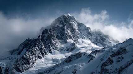 A mountain peak stands tall and snowy against a cloudy sky. The rocky slopes show patches of snow. The scene is captured during the evening with a dramatic atmosphere.