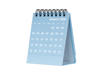 Desktop calendar for january 2026 in blue colour. Mini planner for business and finance, spiral view on isolated white background close up.