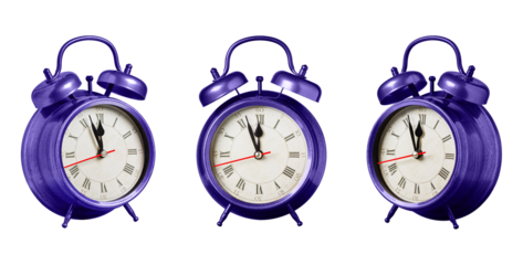 set collection retro clock, watch, pointer clock, Purple, violet color alarm clock on isolated white background close up