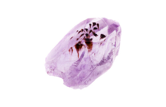 Natural amethyst crystal hematite or goethite cluster with purple gemstone formations, isolated on white background. Raw quartz mineral specimen showcasing geological beauty and crystalline structure.