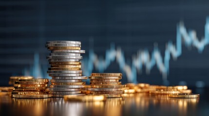A collection of coins is arranged in stacks on a table. Behind the coins a line graph displays growth trends in a financial context. The setting represents an analysis of investments.