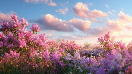 Obraz premium Bright flowers bloom in a field as the sun sets creating a vibrant mix of colors. The sky is filled with fluffy clouds enhancing the beauty of the natural scene.
