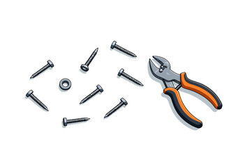 Fototapeta premium Illustration of Assorted Screws and Wire Cutter Pliers with Ergonomic Handles on White Background