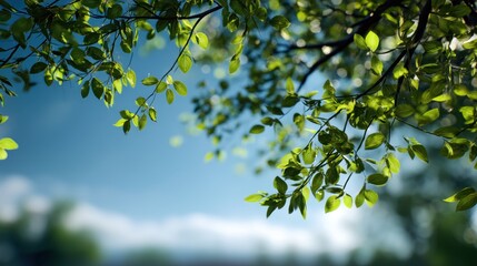 Bright green leaves fill the branches and shimmer under the sunlight. The clear blue sky stretches above with soft clouds in the background. Nature is alive and vibrant.