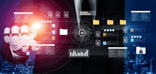 A businessman interacts with advanced AI technology in a corporate setting, showcasing data analytics and digital workflow. Ideal for themes of innovation and automation. Gantry