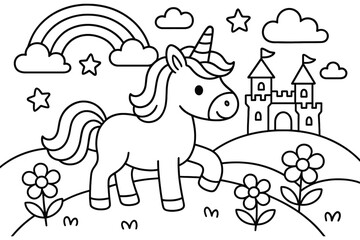 Fototapeta premium Whimsical unicorn and castle scene in black and white for kids coloring