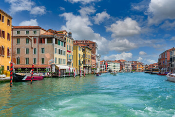 Grand Canal with gondola in Venice, Italy. Architecture and landmarks of Venice. Venice postcard