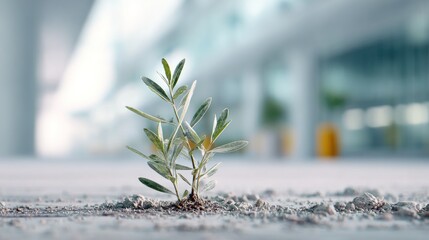 Young plant growing in concrete