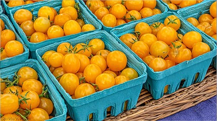 Close-up of yellow tomatoes, harvested and arranged in blue containers for sale