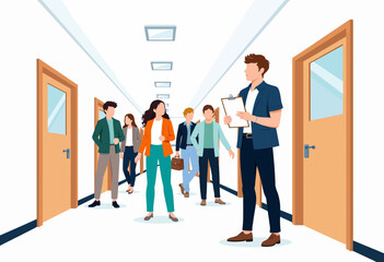 Obraz premium Illustration of Diverse Group of Professionals Walking Through a Bright Modern Office Corridor Engaged in Conversation and Interaction