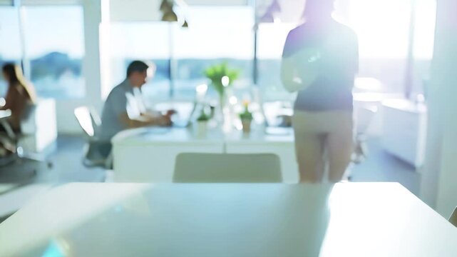 Blurred business people team working fast in a busy corporate office time lapse. Modern executive group activity background. 