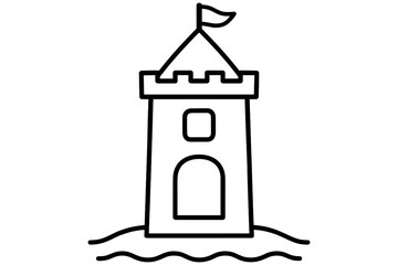 Fototapeta premium Simple linear castle tower with flag and waves design