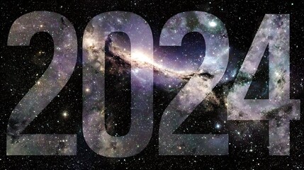 Digit formation of the year 2024, filled with cosmic nebula against a starry night