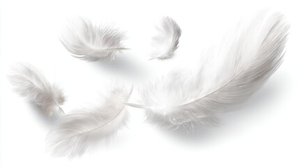 Obraz premium Soft and white feathers are scattered in the air adding a sense of lightness and playfulness. The feathers move with a light breeze suggesting a fun indoor activity.