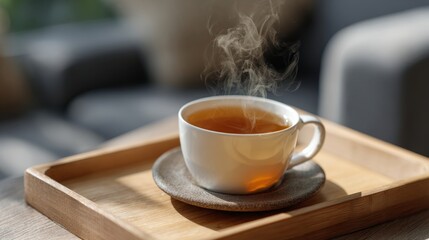 Obraz premium Cup of hot tea placed on a wooden tray with steam rising in a cozy indoor space during the afternoon hours