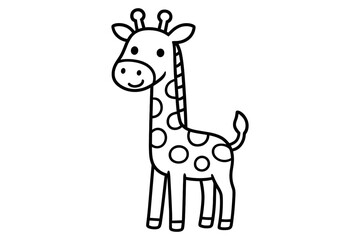 Naklejka premium Cute smiling giraffe in simple black and white line art for kids' coloring activities