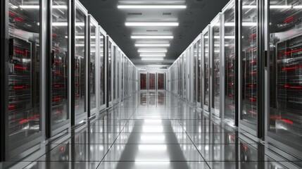 Rows of servers are arranged neatly in a data center. Bright lights illuminate the large space filled with high tech equipment. The environment is busy yet structured showcasing technology.