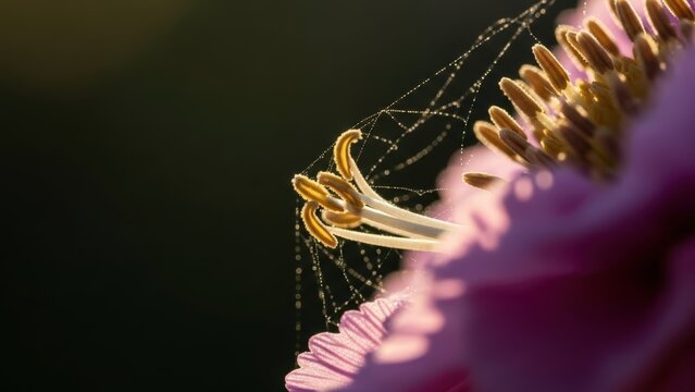 Intricate spider web glistens with dew drops on a vibrant purple flower petal - Powered by Adobe