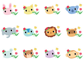 動物の顔　アイコンセット　チューリップ