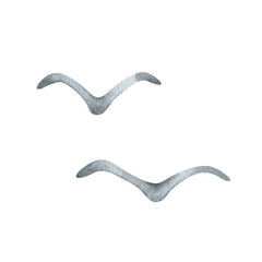 Watercolor illustration of two seagulls. Hand drawn clipart of grey migratory bird silhouettes in flight. Decorative graphic element for fabric, cards, nautical design