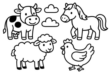 Obraz premium Cute farm animals in simple black and white line art for kids