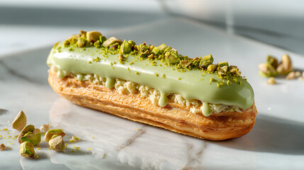 pistachio eclair with green glaze and crushed nuts