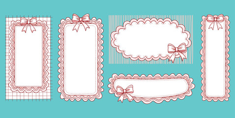 Decorative frames, scalloped edges, red outline, turquoise background, bows, grid texture, elegant design, stationery art, flat vector illustration