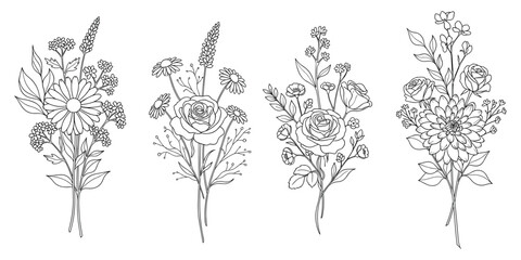 Floral bouquets, botanical arrangements, hand drawn flowers, black and white design, elegant nature sketch, detailed line art, flat vector illustration