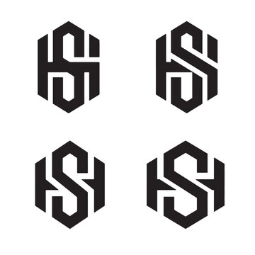 Modern abstract geometric black hexagon logo monogram for corporate branding, featuring a minimalist design with four unique variations.