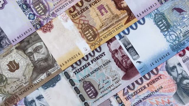 Hungarian forint, cash, currency of Hungary, banknotes for financial transactions. Hungarian forint