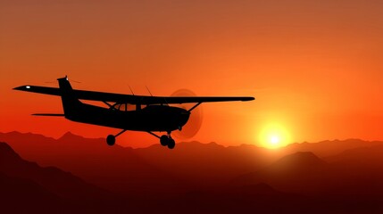 Small airplane flying at sunset with orange clouds