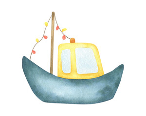 Colorful boat with mast and colorful lights. Hand drawn children watercolor illustration of toy motorboat. Ship for nautical kids room design and baby shower invitation, birthday card, poster 