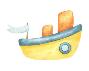 Childrens cute steamship with flag. Hand drawn children watercolor illustration of yellow boat, sea transport. Steamboat for nautical design and baby shower invitation, birthday card, poster