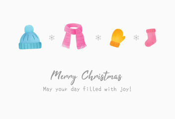 Elegant christmas greeting card template design editable with winter accessories like hat, hand glove, scarf, sock in watercolor style