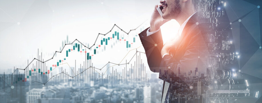 A businessman engages in a phone call with a dynamic stock market chart and city skyline in the background, symbolizing investment growth and market analysis. Scalp - Powered by Adobe