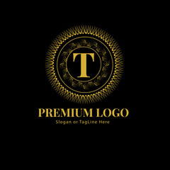 Elegant Premium Logo with Gold 'T' and Ornate Circular Design Tempalte