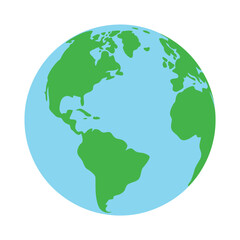 A stylized illustration of planet Earth showing North and South America against a blue background.