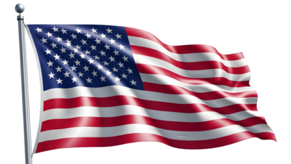 Waving american flag on a pole isolated on transparent background