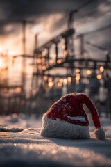 Santa Claus hat, electricity substation in background. Concept of electricity provision and supply during Christmas time. Blending festive warmth with industrial electricity infrastructure.