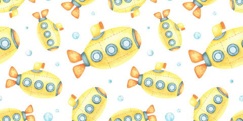 Yellow submarine and bubbles Hand drawn watercolor seamless pattern. Kids background of cute underwater transport. Nursery print children room design, fabric, wrapping paper, baby bedding