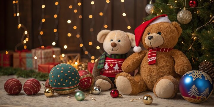 Christmas teddy bear with gift box full of colorful ornaments. Christmas background. - Powered by Adobe