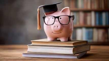 A piggy bank wearing glasses and a graduation cap sits on top of stacked books in a study. The scene highlights the importance of education and saving money for future studies.